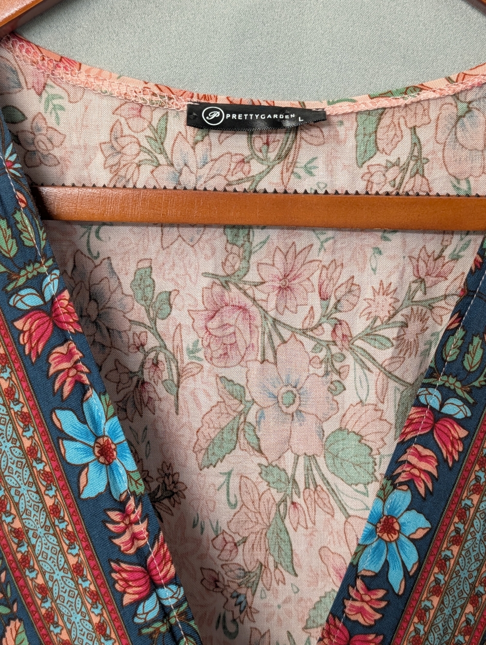 Bohemian Peach Floral Wrap And Tie Maxi Dress with Contrasting Border Size L - Picture 5 of 16
